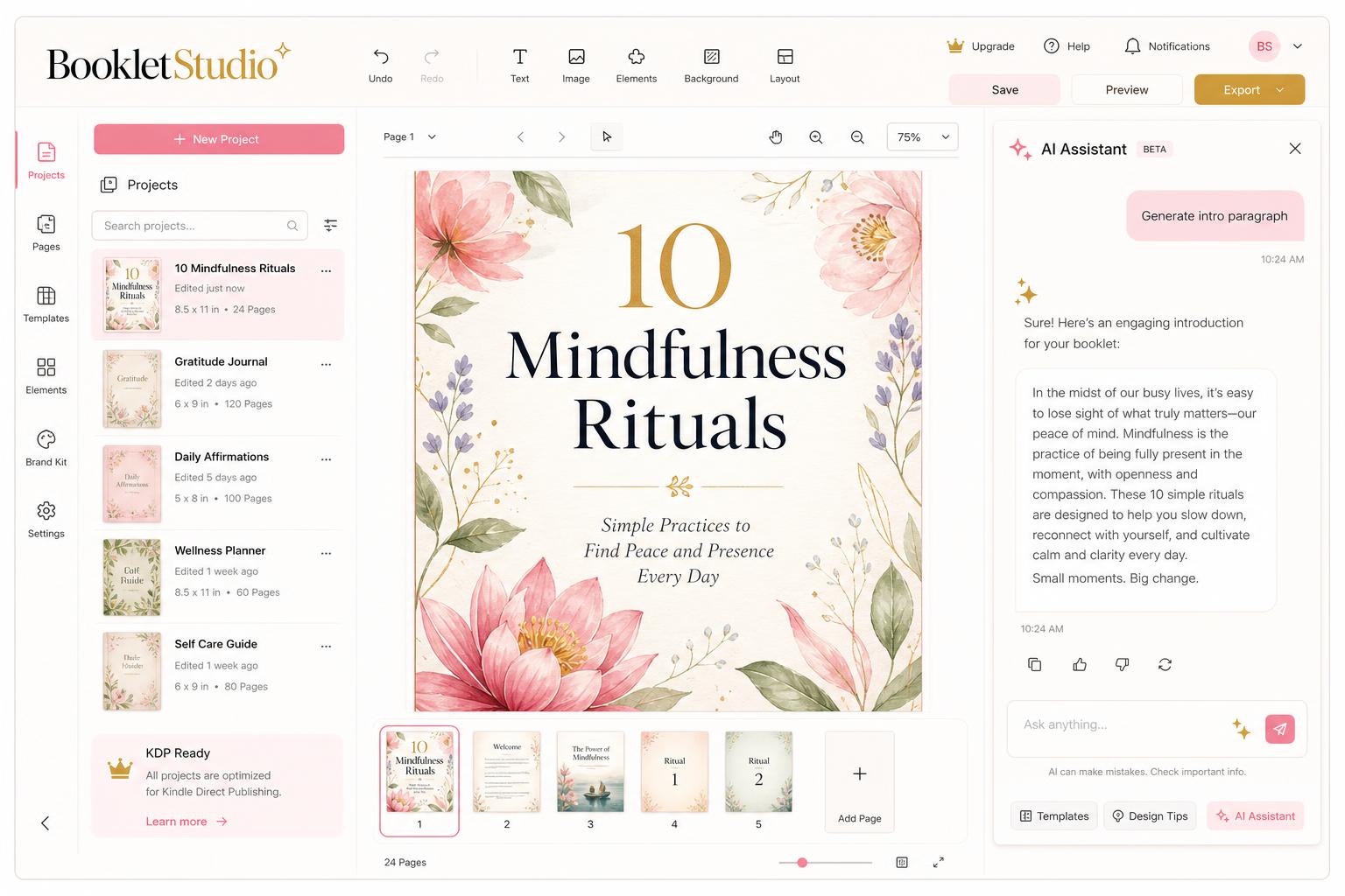bookgenieai editor — AI assistant drafting a mindfulness booklet